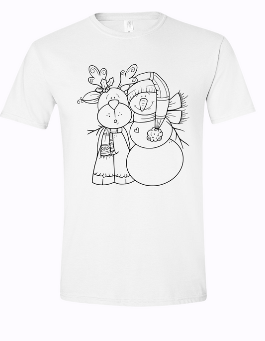 Reindeer and Snowman Short Sleeve Coloring Shirt