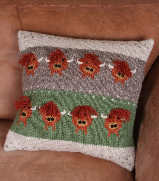 100% Wool Embroidered Highland Cow Pillow