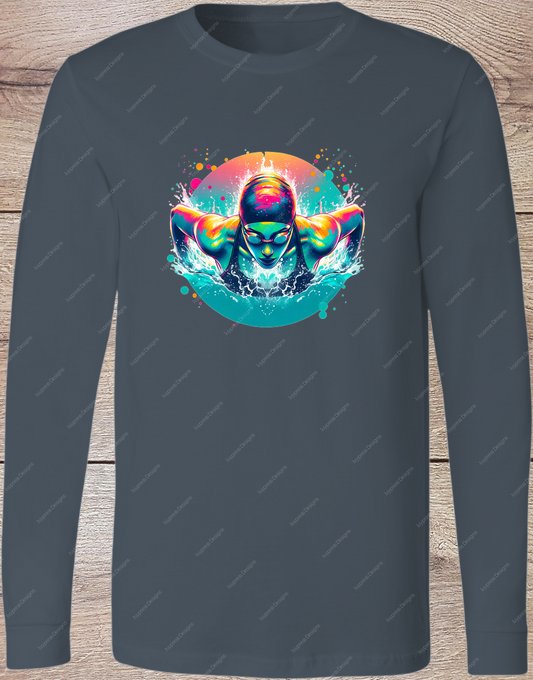 Swimmer Female Neon Silhouette - Long Sleeve Front