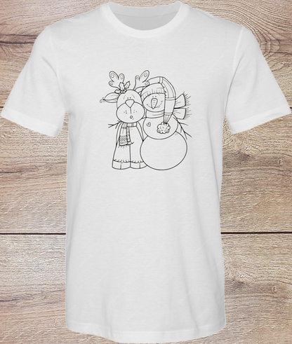 Reindeer and Snowman Short Sleeve Coloring Shirt - Short Sleeve